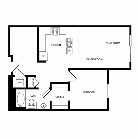 Floor plan for 1 bed, 1 bath, 788 sqft